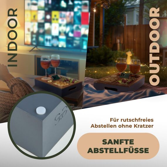 Cascalino's® Couchbar Snackbox mit 2+2 Snackschalen aus Edelstahl - Sofatablett aus Holz | Sofa Organizer mit Getränkehalter | Couch Tablett Holz, Couch bar, Sofa Butler, Couch Organizer, Tablett