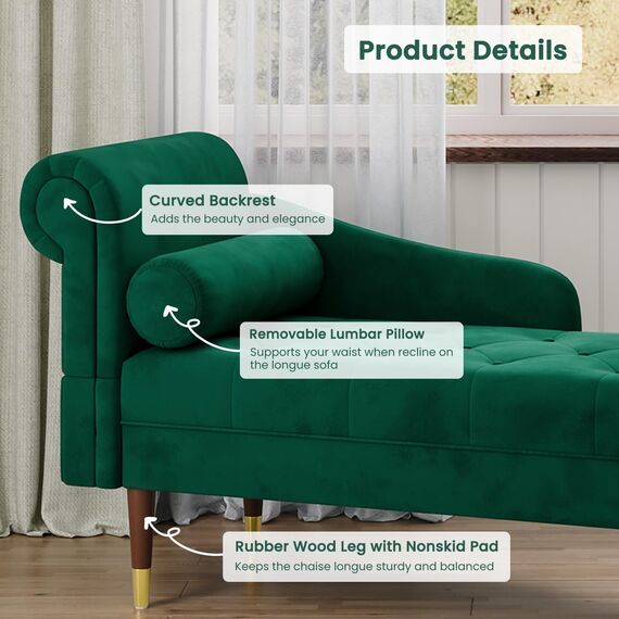 Vesgantti Velvet Chaiselongue, Indoor Lounge Sofa mit linker Armlehne und Lendenkissen, Recamiere für Wohnzimmer, Schlafzimmer und Büro, Samt Loungesessel 149.5 x 54 x 76CM