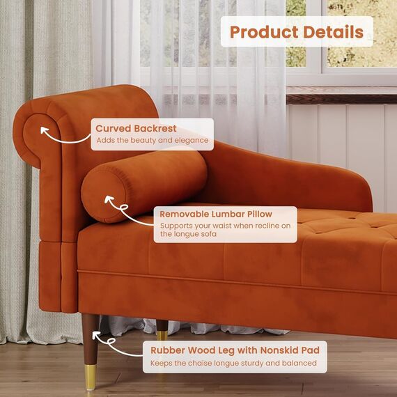 Vesgantti Velvet Chaiselongue, Indoor Lounge Sofa mit linker Armlehne und Lendenkissen, Recamiere für Wohnzimmer, Schlafzimmer und Büro, Samt Loungesessel 149.5 x 54 x 76CM