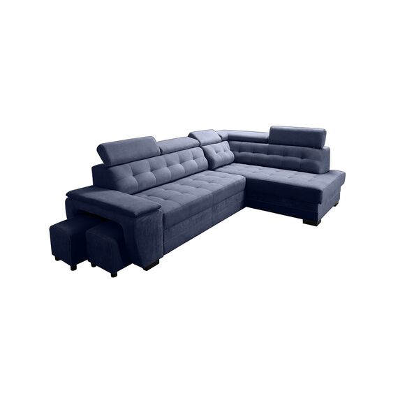 Robin Inspire Grand Ecksofa mit Schlaffunktion Bettkasten Kopfstützen Relaxfunktion 2 Hocker Sofa L-Form Schlafsofa Freistehende Eckcouch Schlafcouch Wohnzimmermöbel Wohnlandschaft Rechts Marineblau