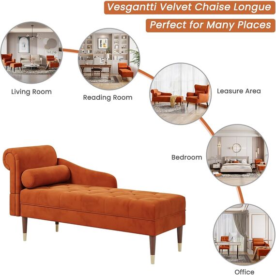 Vesgantti Velvet Chaiselongue, Indoor Lounge Sofa mit linker Armlehne und Lendenkissen, Recamiere für Wohnzimmer, Schlafzimmer und Büro, Samt Loungesessel 149.5 x 54 x 76CM