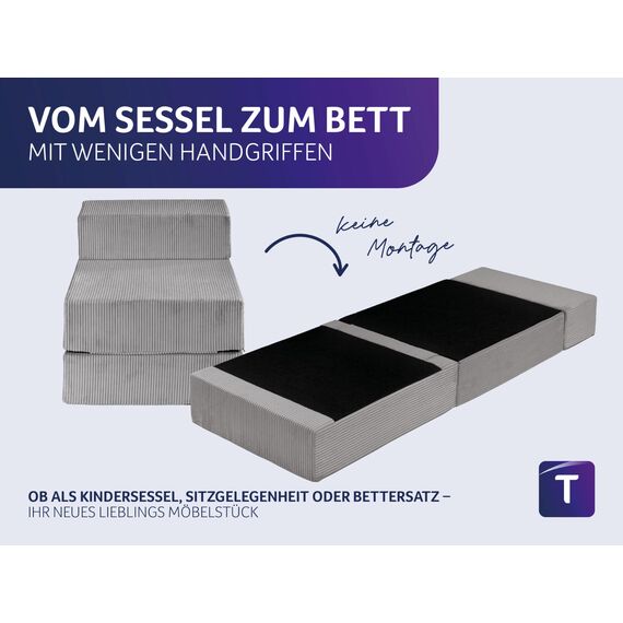 Traumnacht Sessel/Gästematratze mit Bezug aus grauem Cord-Gewebe, Bezug abnehmbar, waschbar, Liegefläche 70x200, produziert nach deutschem Qualitätsstandard