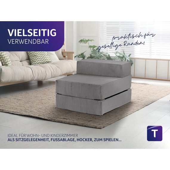 Traumnacht Sessel/Gästematratze mit Bezug aus grauem Cord-Gewebe, Bezug abnehmbar, waschbar, Liegefläche 70x200, produziert nach deutschem Qualitätsstandard