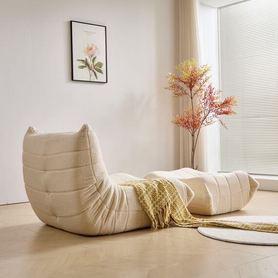 okwish Schlafsofas Relaxsessel mit Rückenlehne und Fußstütze, Lazy Sofa, Indoor-Sitzkissen, Faltbarer Meditationsstuhl, geeignet für Schlafzimmer, Wohnzimmer, Beige