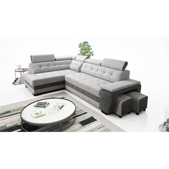 Robin Grand Ecksofa mit Schlaffunktion Bettkasten Kopfstützen Relaxfunktion 2 Hocker Sofa L-Form Schlafsofa Freistehende Eckcouch Schlafcouch Wohnzimmermöbel Wohnlandschaft Links Silver Anthracite