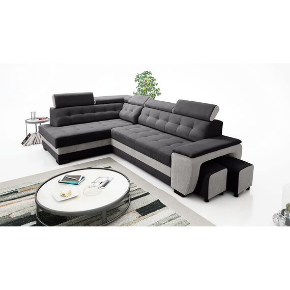 Robin Inspire Grand Ecksofa mit Schlaffunktion Bettkasten Kopfstützen Relaxfunktion 2 Hocker Sofa L-Form Schlafsofa Freistehende Eckcouch Schlafcouch Wohnzimmermöbel Wohnlandschaft Links Silber