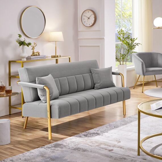 Yaheetech Polstersofa mit Armlehnen & Beine aus Metall Modernes Zweisitzer-Sofa mit 2 Lendenkissen Loveseat fürs Wohnzimmer/Schlafzimmer