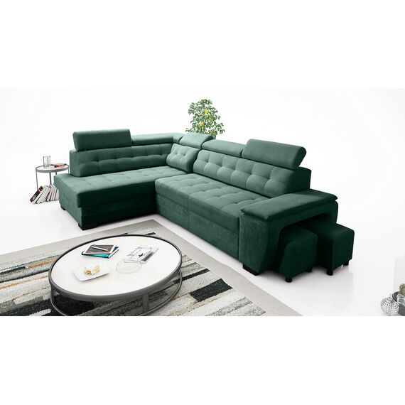 Robin Inspire Grand Ecksofa mit Schlaffunktion Bettkasten Kopfstützen Relaxfunktion 2 Hocker Sofa L-Form Schlafsofa Freistehende Eckcouch Schlafcouch Wohnzimmermöbel Wohnlandschaft Links Flaschengrün