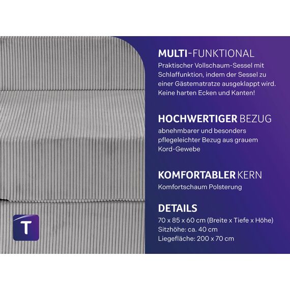 Traumnacht Sessel/Gästematratze mit Bezug aus grauem Cord-Gewebe, Bezug abnehmbar, waschbar, Liegefläche 70x200, produziert nach deutschem Qualitätsstandard