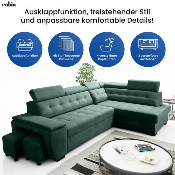 Robin Grand Ecksofa mit Schlaffunktion Bettkasten Kopfstützen Relaxfunktion 2 Hocker Sofa L-Form Schlafsofa Freistehende Eckcouch Schlafcouch Wohnzimmermöbel Wohnlandschaft Links Silver Anthracite