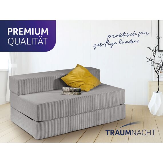 Traumnacht Schlafsofa mit Bezug aus grauem Cord-Gewebe, Bezug abnehmbar, waschbar, Liegefläche 140x200, produziert nach deutschem Qualitätsstandard