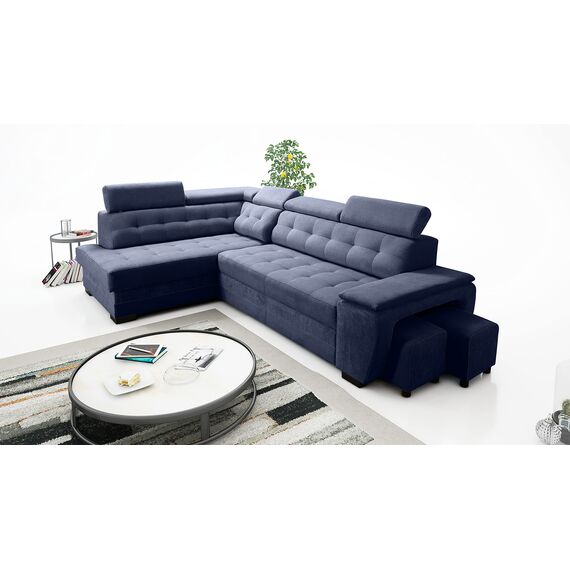 Robin Inspire Grand Ecksofa mit Schlaffunktion Bettkasten Kopfstützen Relaxfunktion 2 Hocker Sofa L-Form Schlafsofa Freistehende Eckcouch Schlafcouch Wohnzimmermöbel Wohnlandschaft Links Marineblau