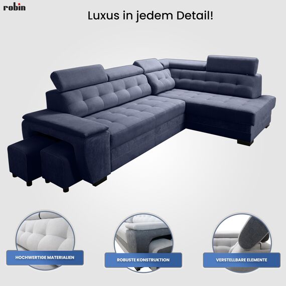 Robin Inspire Grand Ecksofa mit Schlaffunktion Bettkasten Kopfstützen Relaxfunktion 2 Hocker Sofa L-Form Schlafsofa Freistehende Eckcouch Schlafcouch Wohnzimmermöbel Wohnlandschaft Rechts Marineblau