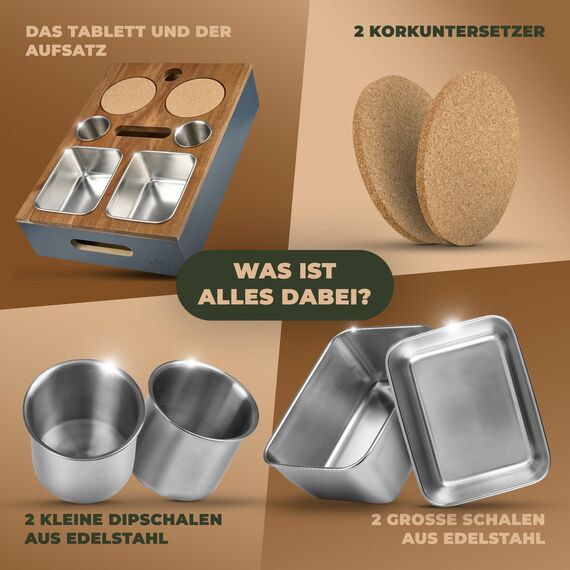 Cascalino's® Couchbar Snackbox mit 2+2 Snackschalen aus Edelstahl - Sofatablett aus Holz | Sofa Organizer mit Getränkehalter | Couch Tablett Holz, Couch bar, Sofa Butler, Couch Organizer, Tablett