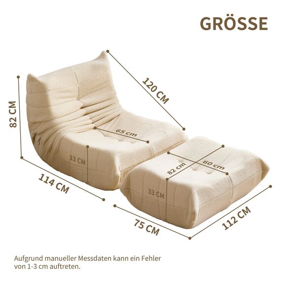 okwish Schlafsofas Relaxsessel mit Rückenlehne und Fußstütze, Lazy Sofa, Indoor-Sitzkissen, Faltbarer Meditationsstuhl, geeignet für Schlafzimmer, Wohnzimmer, Beige
