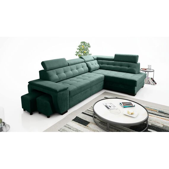Robin Inspire Grand Ecksofa mit Schlaffunktion Bettkasten Kopfstützen Relaxfunktion 2 Hocker Sofa L-Form Schlafsofa Freistehende Eckcouch Schlafcouch Wohnzimmermöbel Wohnlandschaft Rechts Flaschengrün