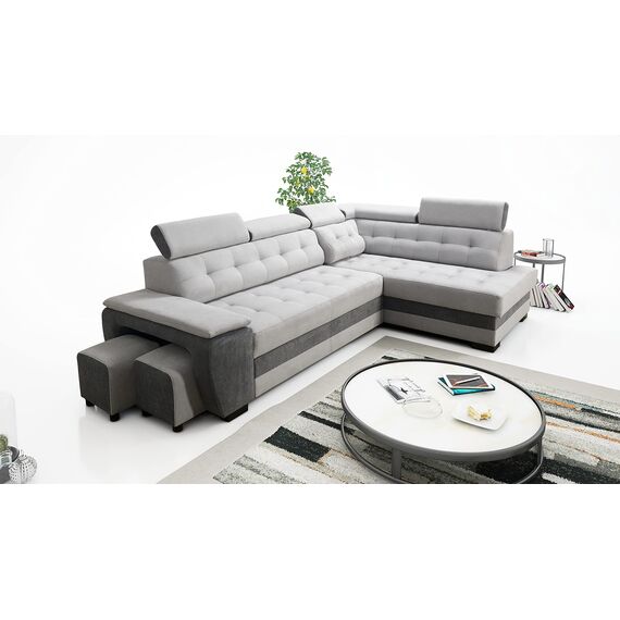 Robin Grand Ecksofa mit Schlaffunktion Bettkasten Kopfstützen Relaxfunktion 2 Hocker Sofa L-Form Schlafsofa Freistehende Eckcouch Schlafcouch Wohnzimmermöbel Wohnlandschaft Rechts Silver Anthracite