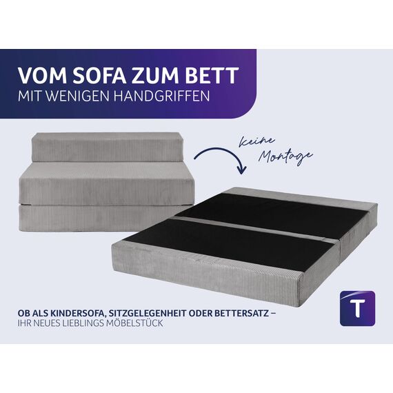 Traumnacht Schlafsofa mit Bezug aus grauem Cord-Gewebe, Bezug abnehmbar, waschbar, Liegefläche 140x200, produziert nach deutschem Qualitätsstandard