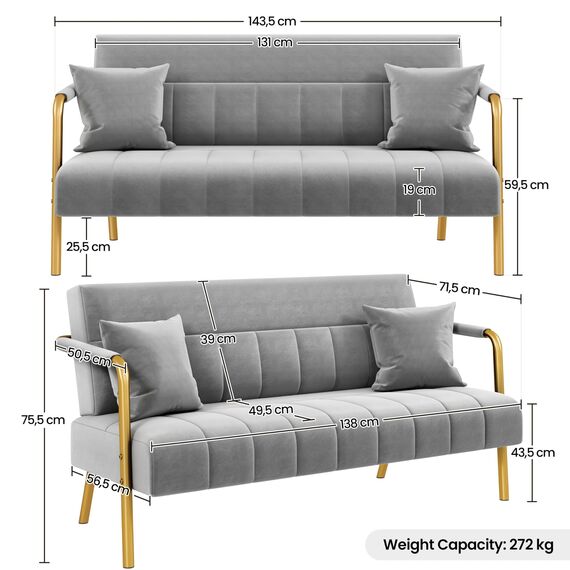 Yaheetech Polstersofa mit Armlehnen & Beine aus Metall Modernes Zweisitzer-Sofa mit 2 Lendenkissen Loveseat fürs Wohnzimmer/Schlafzimmer