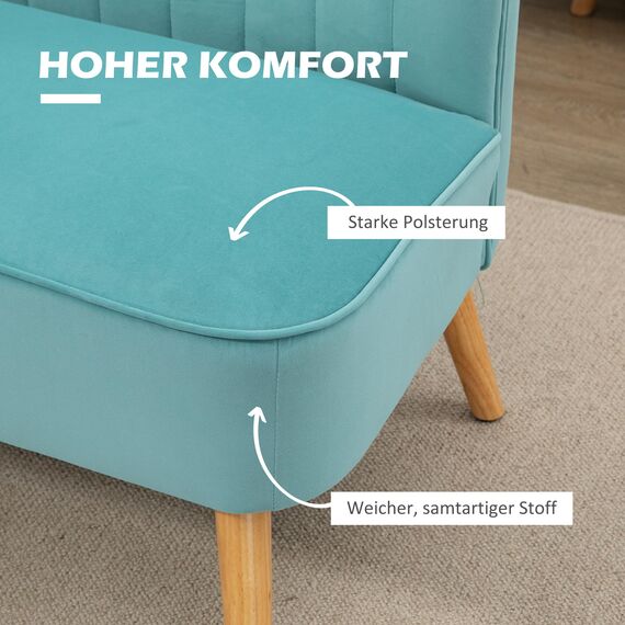HOMCOM Sofa 2 Sitzer Couch, Kleine Loveseat mit Samt-Optik Modern Polstersofa für Wohnzimmer, Schlafzimmer, kleinen Raum, Grün 117 x 56,5 x 77 cm