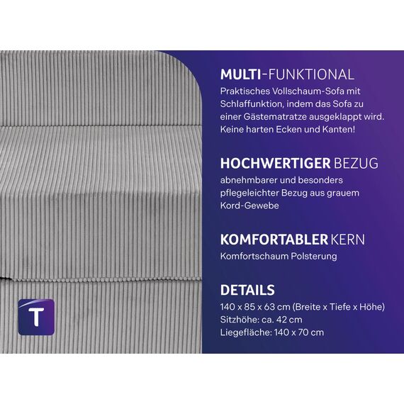 Traumnacht Schlafsofa mit Bezug aus grauem Cord-Gewebe, Bezug abnehmbar, waschbar, Liegefläche 140x200, produziert nach deutschem Qualitätsstandard