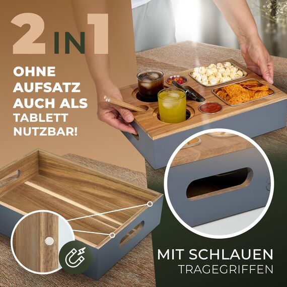 Cascalino's® Couchbar Snackbox mit 2+2 Snackschalen aus Edelstahl - Sofatablett aus Holz | Sofa Organizer mit Getränkehalter | Couch Tablett Holz, Couch bar, Sofa Butler, Couch Organizer, Tablett