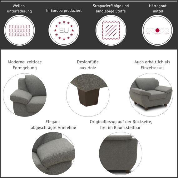 DOMO. collection Panama 3 Sitzer, Sofa, 3er Couch, Garnitur, 3-2-1, anthrazit, 207 cm