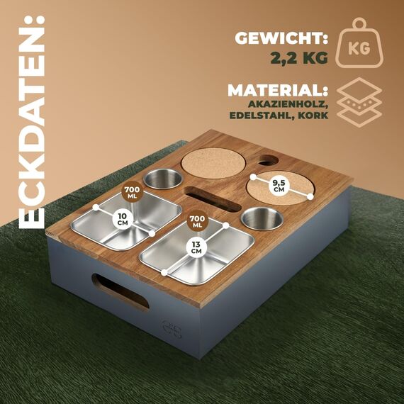 Cascalino's® Couchbar Snackbox mit 2+2 Snackschalen aus Edelstahl - Sofatablett aus Holz | Sofa Organizer mit Getränkehalter | Couch Tablett Holz, Couch bar, Sofa Butler, Couch Organizer, Tablett