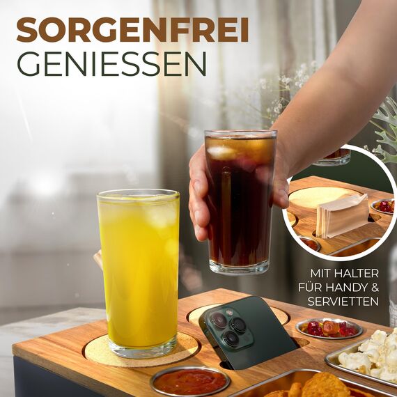 Cascalino's® Couchbar Snackbox mit 2+2 Snackschalen aus Edelstahl - Sofatablett aus Holz | Sofa Organizer mit Getränkehalter | Couch Tablett Holz, Couch bar, Sofa Butler, Couch Organizer, Tablett