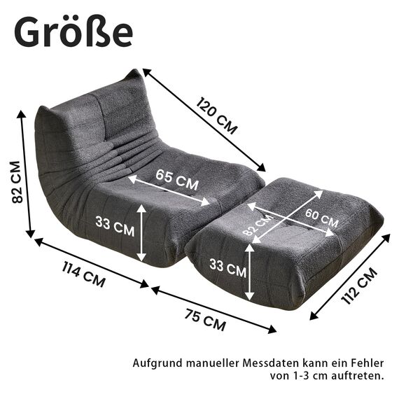 okwish Schlafsofas Relaxsessel mit Rückenlehne und Fußstütze, Lazy Sofa, Indoor-Sitzkissen, Faltbarer Meditationsstuhl, geeignet für Schlafzimmer, Wohnzimmer, Grau