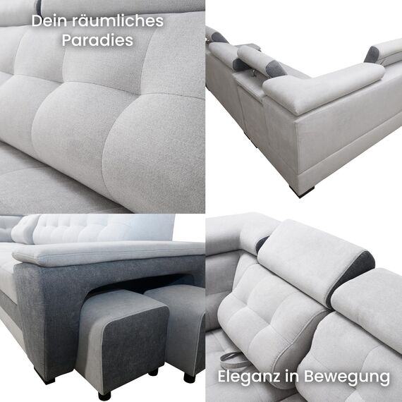 Robin Inspire Grand Ecksofa mit Schlaffunktion Bettkasten Kopfstützen Relaxfunktion 2 Hocker Sofa L-Form Schlafsofa Freistehende Eckcouch Schlafcouch Wohnzimmermöbel Wohnlandschaft Rechts Marineblau
