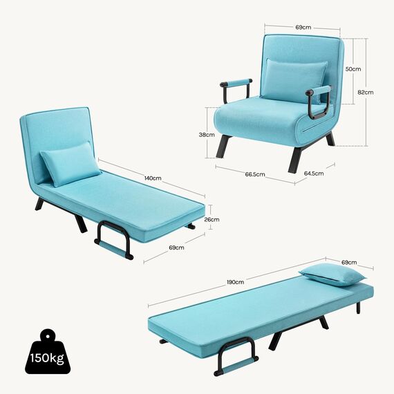 WOLTU Schlafsessel 3 in 1 mit bettfunktion, Gästebettfür, Schlafsofa mit Bettfunktion, Verstellbarer Rückenlehne, Wohnzimmer, Schlafzimmer, Balkon, Metallrahmen Leinen, 80 x 82 x 74 cm, Blau