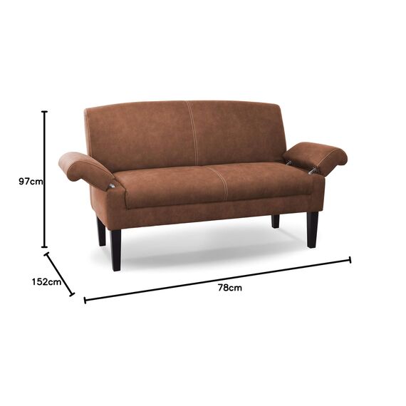 CAVADORE 2-Sitzer Küchensofa Malm, Sitzbank für Küche oder Esszimmer in Lederoptik, Inkl. Armteilverstellung, Federkern und moderner Kontrastnaht, 152 x 97 x 78, Mikrofaser: cognac