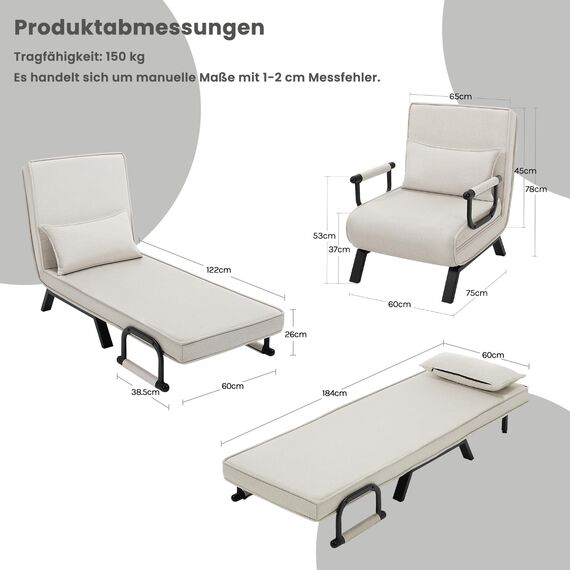 WOLTU Schlafsessel 3 in 1 mit bettfunktion, Gästebettfür, Schlafsofa mit Bettfunktion, Verstellbarer Rückenlehne, Wohnzimmer, Schlafzimmer, Balkon, Metallrahmen Leinen, 65 x 75 x 78cm, Beige