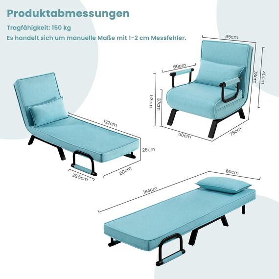 WOLTU Schlafsessel 3 in 1 mit bettfunktion, Gästebettfür, Schlafsofa mit Bettfunktion, Verstellbarer Rückenlehne, Wohnzimmer, Schlafzimmer, Balkon, Metallrahmen Leinen, 65 x 75 x 78cm, Blau