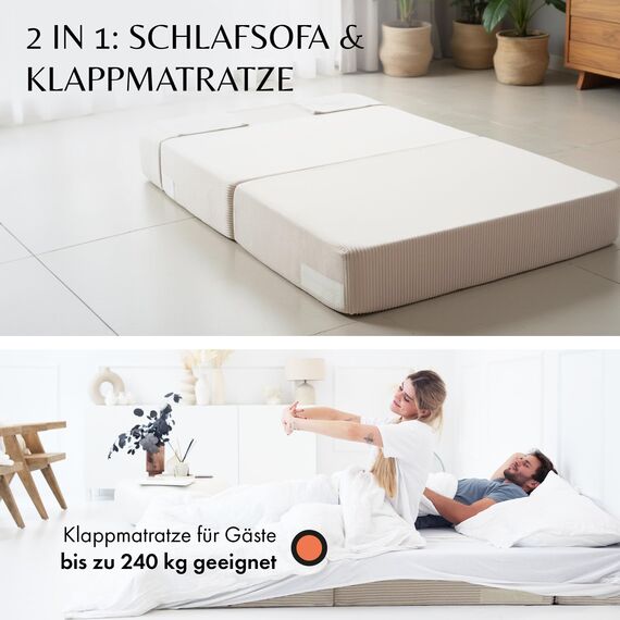 Cord Sofa – Schlafsofa 120 cm breit, faltbare Schlafcouch & Gästematratze für 2, klappbares Sofa Bett – Extra dick 19cm & bequem H3 – Perfekt für Gäste & Alltag – Test SEHR GUT Oeko-TEX Klappmatratze