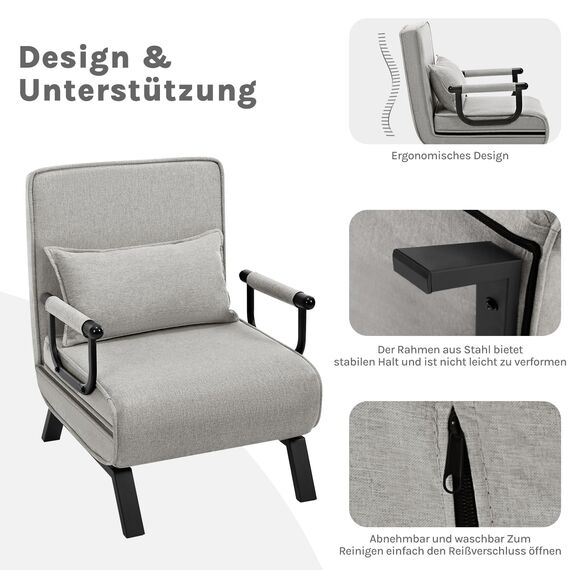 WOLTU Schlafsessel 3 in 1 mit bettfunktion, Gästebettfür, Schlafsofa mit Bettfunktion, Verstellbarer Rückenlehne, Wohnzimmer, Schlafzimmer, Balkon, Metallrahmen Leinen, 65 x 75 x 78cm, Hellgrau