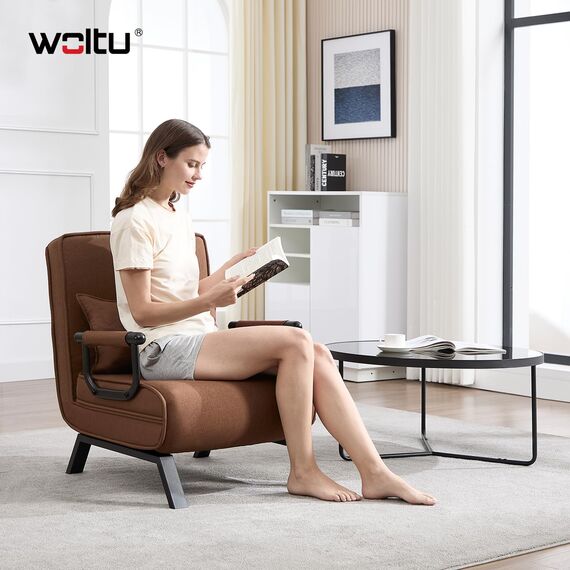 WOLTU Schlafsessel 3 in 1 mit bettfunktion, Gästebettfür, Schlafsofa mit Bettfunktion, Verstellbarer Rückenlehne, Wohnzimmer, Schlafzimmer, Balkon, Metallrahmen Leinen, 65 x 75 x 78cm, Braun