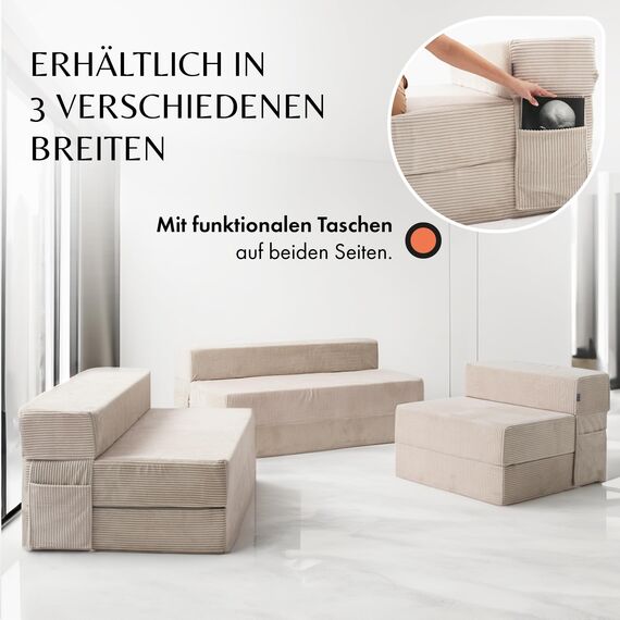 Cord Sofa – Schlafsofa 140 cm breit, faltbare Schlafcouch & Gästematratze für 2, klappbares Sofa Bett – Extra dick 19cm & bequem H3 – Perfekt für Gäste & Alltag – Test SEHR GUT Oeko-TEX Klappmatratze