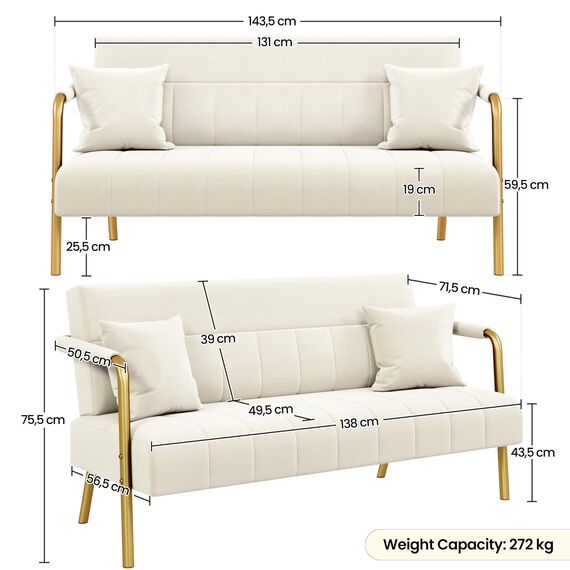 Yaheetech Polstersofa mit Armlehnen & Beine aus Metall Modernes Zweisitzer-Sofa mit 2 Lendenkissen Loveseat fürs Wohnzimmer, Heimbüro Beige