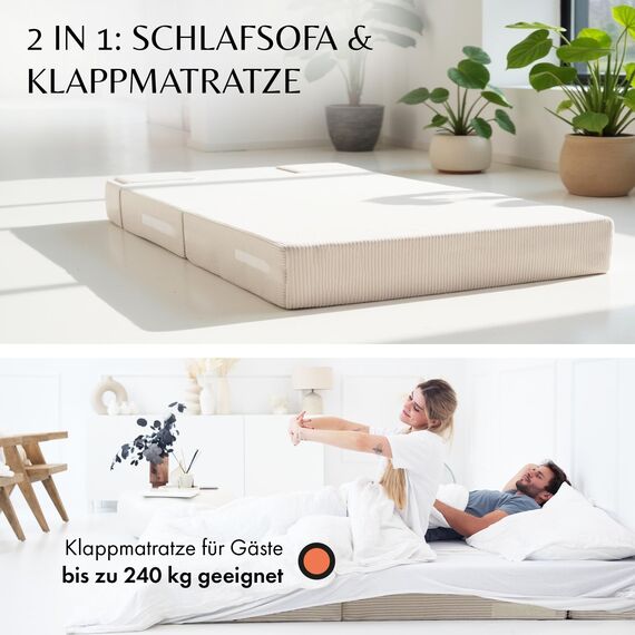 Cord Sofa – Schlafsofa 140 cm breit, faltbare Schlafcouch & Gästematratze für 2, klappbares Sofa Bett – Extra dick 19cm & bequem H3 – Perfekt für Gäste & Alltag – Test SEHR GUT Oeko-TEX Klappmatratze