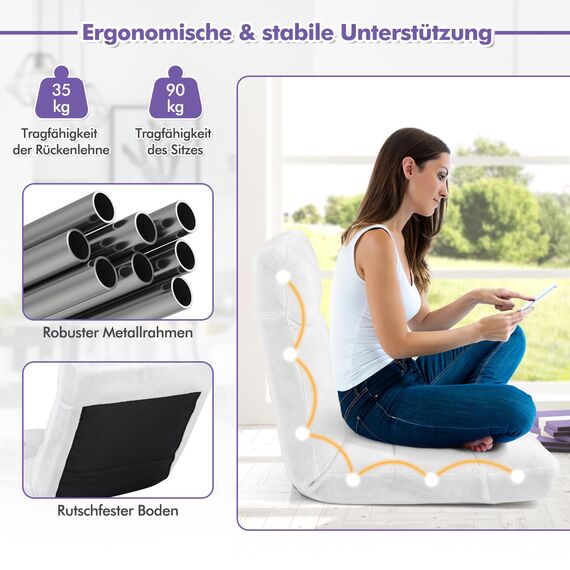GOPLUS Bodenstuhl, Bodensofa mit Rückenlehne, Bodensessel mit Schlaffunktion, Floor Chair, Lazy Sofa, Meditationsstuhl für Wohnzimmer & Balkon (Weiß)