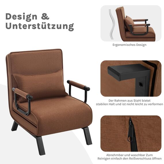 WOLTU Schlafsessel 3 in 1 mit bettfunktion, Gästebettfür, Schlafsofa mit Bettfunktion, Verstellbarer Rückenlehne, Wohnzimmer, Schlafzimmer, Balkon, Metallrahmen Leinen, 65 x 75 x 78cm, Braun