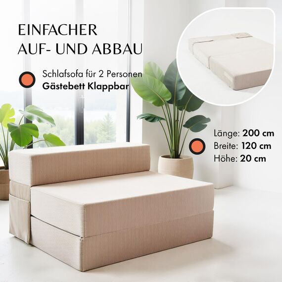 Cord Sofa – Schlafsofa 120 cm breit, faltbare Schlafcouch & Gästematratze für 2, klappbares Sofa Bett – Extra dick 19cm & bequem H3 – Perfekt für Gäste & Alltag – Test SEHR GUT Oeko-TEX Klappmatratze