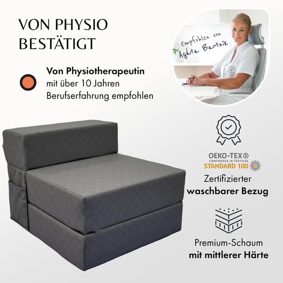 Schlafsessel mit Bettfunktion – Schlafsofa 75 cm breit, faltbare Schlafcouch & Gästematratze für 2, klappbares Sofa Bett – Extra dick 20cm & bequem H3 – Test SEHR GUT Oeko-TEX Standard Klappmatratze