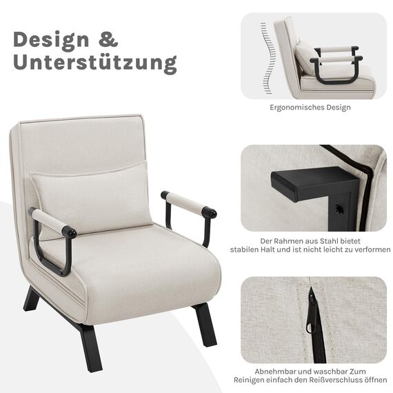 WOLTU Schlafsessel 3 in 1 mit bettfunktion, Gästebettfür, Schlafsofa mit Bettfunktion, Verstellbarer Rückenlehne, Wohnzimmer, Schlafzimmer, Balkon, Metallrahmen Leinen, 65 x 75 x 78cm, Beige