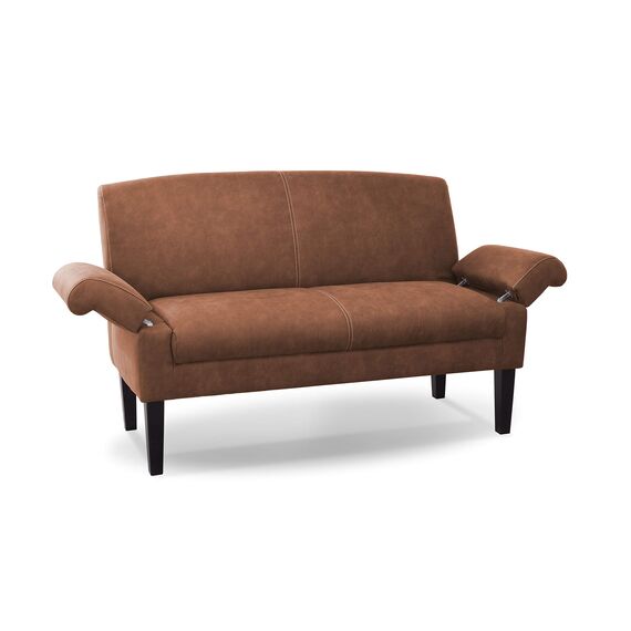 CAVADORE 2-Sitzer Küchensofa Malm, Sitzbank für Küche oder Esszimmer in Lederoptik, Inkl. Armteilverstellung, Federkern und moderner Kontrastnaht, 152 x 97 x 78, Mikrofaser: cognac