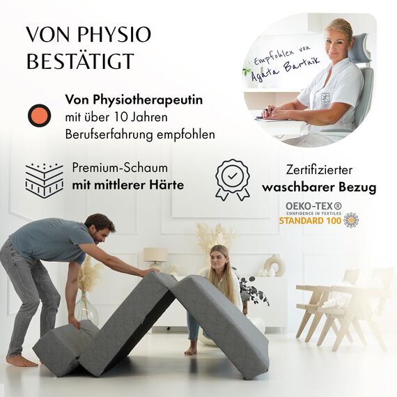 Schlafsofa 140 cm breit – Faltbare Schlafcouch und Gästematratze für 2, klappbares Sofa Bett – Extra dick 20cm und bequem H3 – Ideal für Gäste & Alltag – Test SEHR GUT Oeko-TEX Standard Klappmatratze