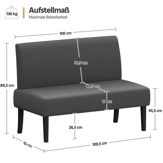 Yaheetech Küchensofa 2-sitzer Sitzbank Polstersofa aus Cordstoff Doppelsofa ohne Armlehnen Stoffsofa Loungesofa fürs Wohnzimmer/Eingangsbereich/Büro, Grau