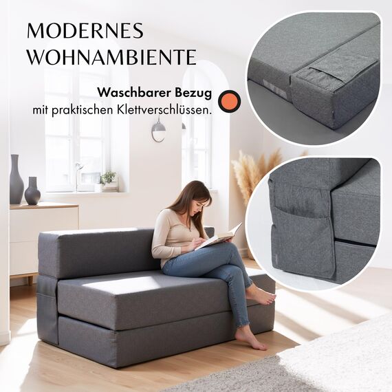 Schlafsofa 120 cm breit – Faltbare Schlafcouch und Gästematratze für 2, klappbares Sofa Bett – Extra dick 20cm und bequem H3 – Ideal für Gäste & Alltag – Test SEHR GUT Oeko-TEX Standard Klappmatratze